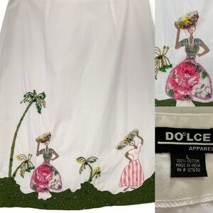 Dolce Novelty panel skirt hand embroidered beaded Caribbean life Tropical cotton
